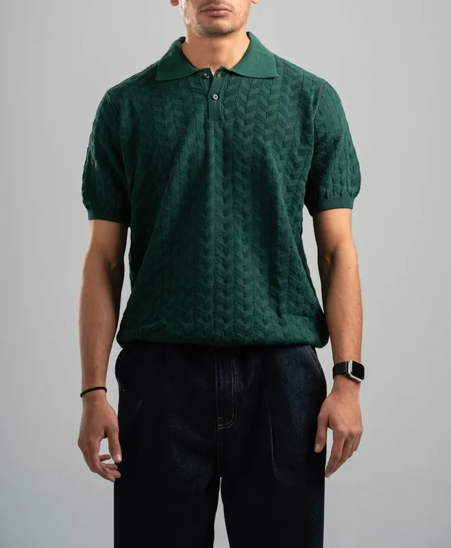 Dark Green Textured Knit Polo Shirt