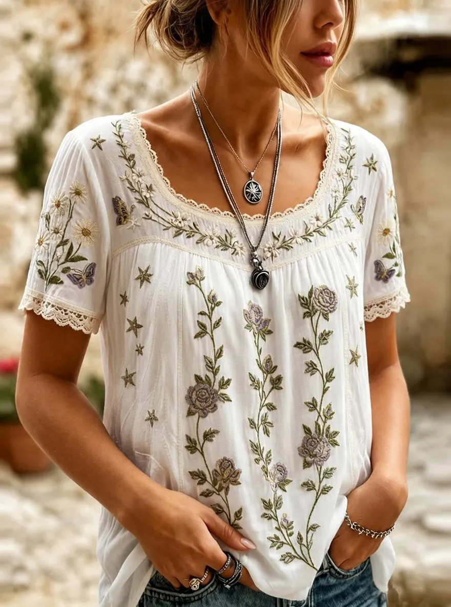 Women's Boho Floral Star Butterfly Embroidered Printed T-shirt