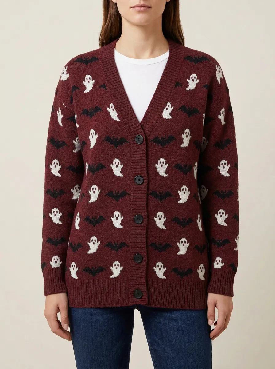 Women's Halloween Ghost and Bat Patterned Knitted Cardigan
