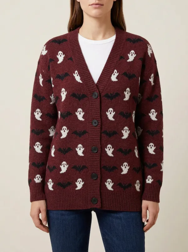 Women's Halloween Ghost and Bat Patterned Knitted Cardigan