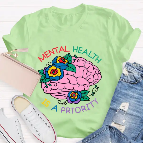 Mental Health Is A Priority Floral Brain T-Shirt