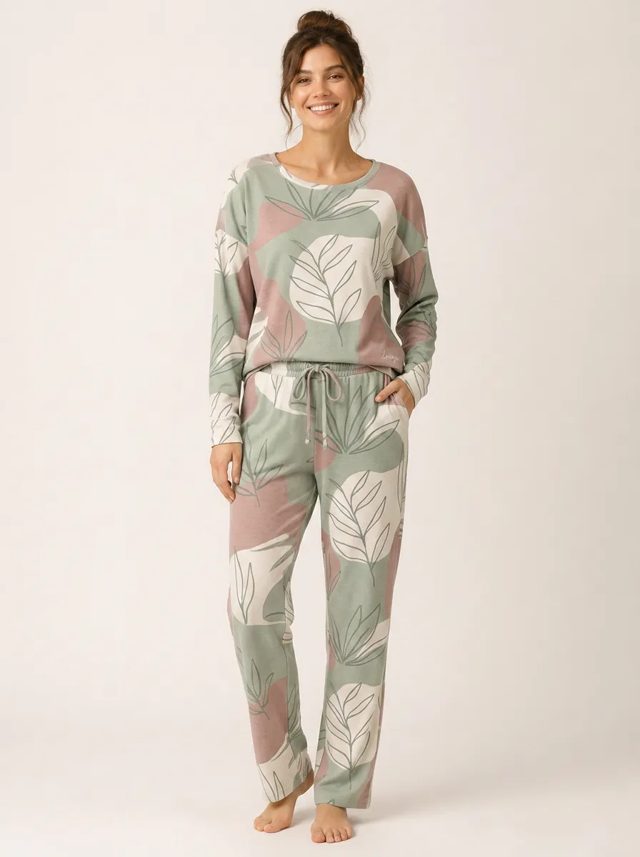 Women's Botanical Abstract Leaf Printed Lounge Set