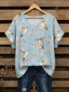 Hummingbird Cherry Blossom V-Neck Women's Loose Printed Blouse