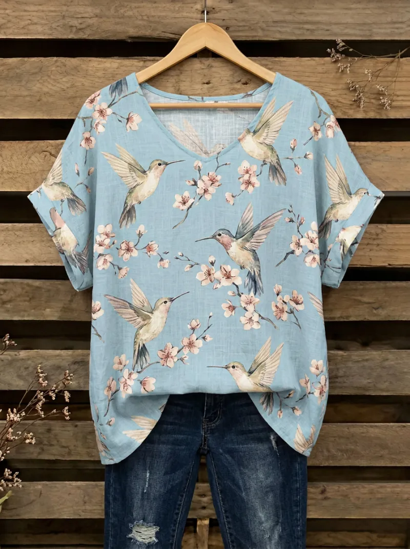 Hummingbird Cherry Blossom V-Neck Women's Loose Printed Blouse