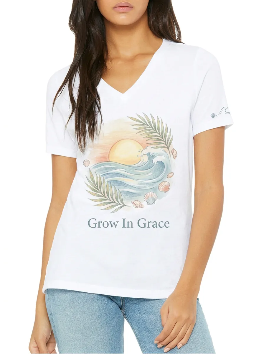 Women's Beach Lover Grow In Grace Sunset Wave Printed V-neck T-shirt