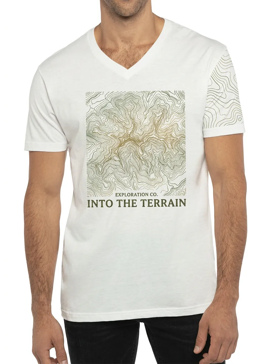 Men's Outdoor Exploration Topographic Map Printed V-neck T-shirt