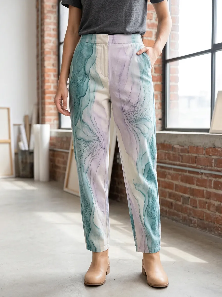 Women's Abstract Marble Art Teal Purple Printed Pants