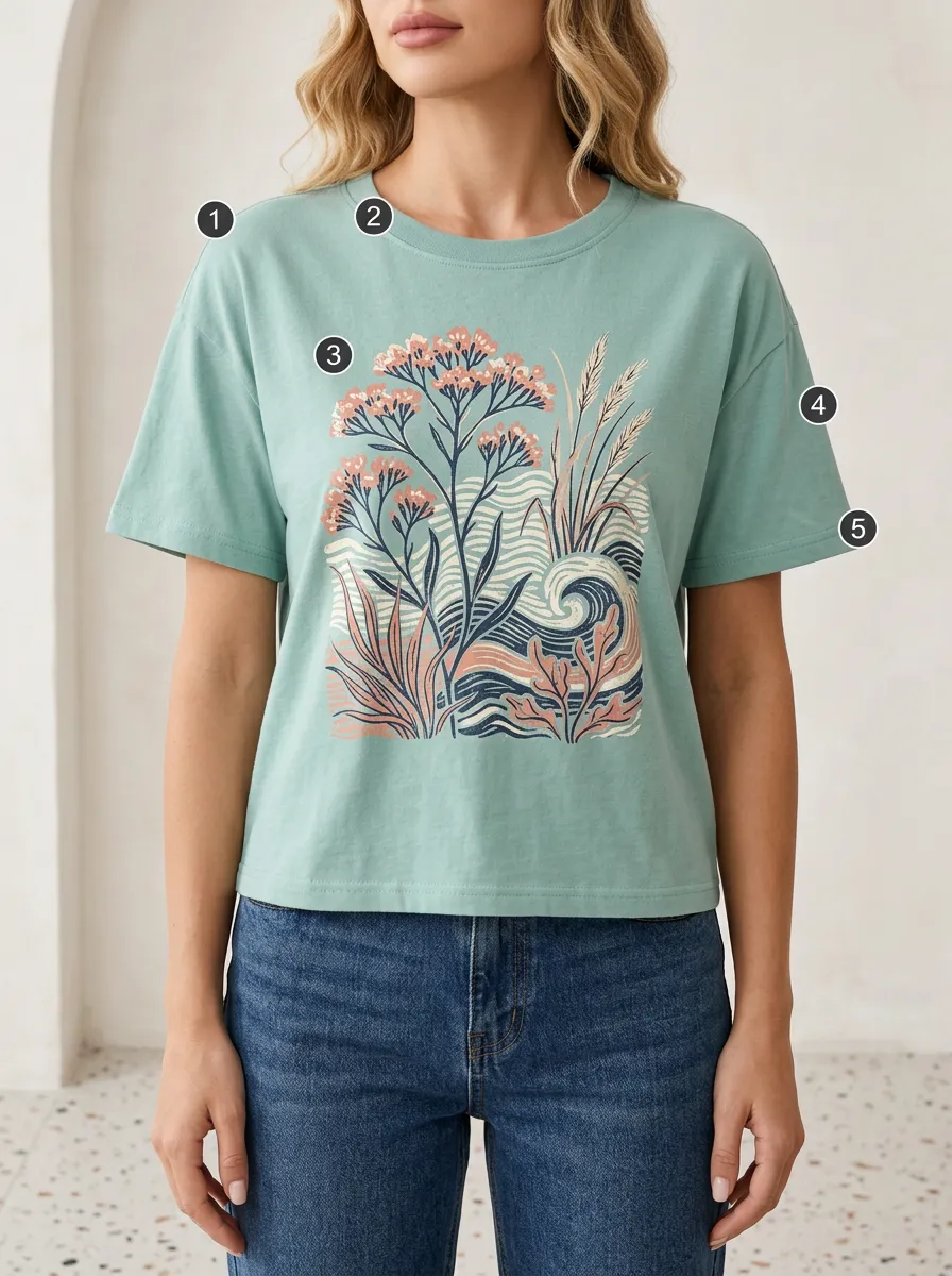 Women's Wildflower Ocean Wave Printed T-Shirt
