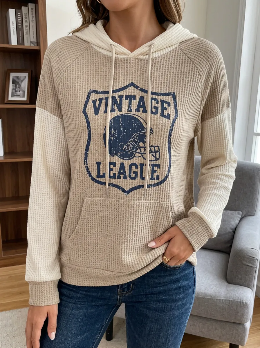 Women's Football Fan Vintage League Helmet Printed Waffle Hoodie