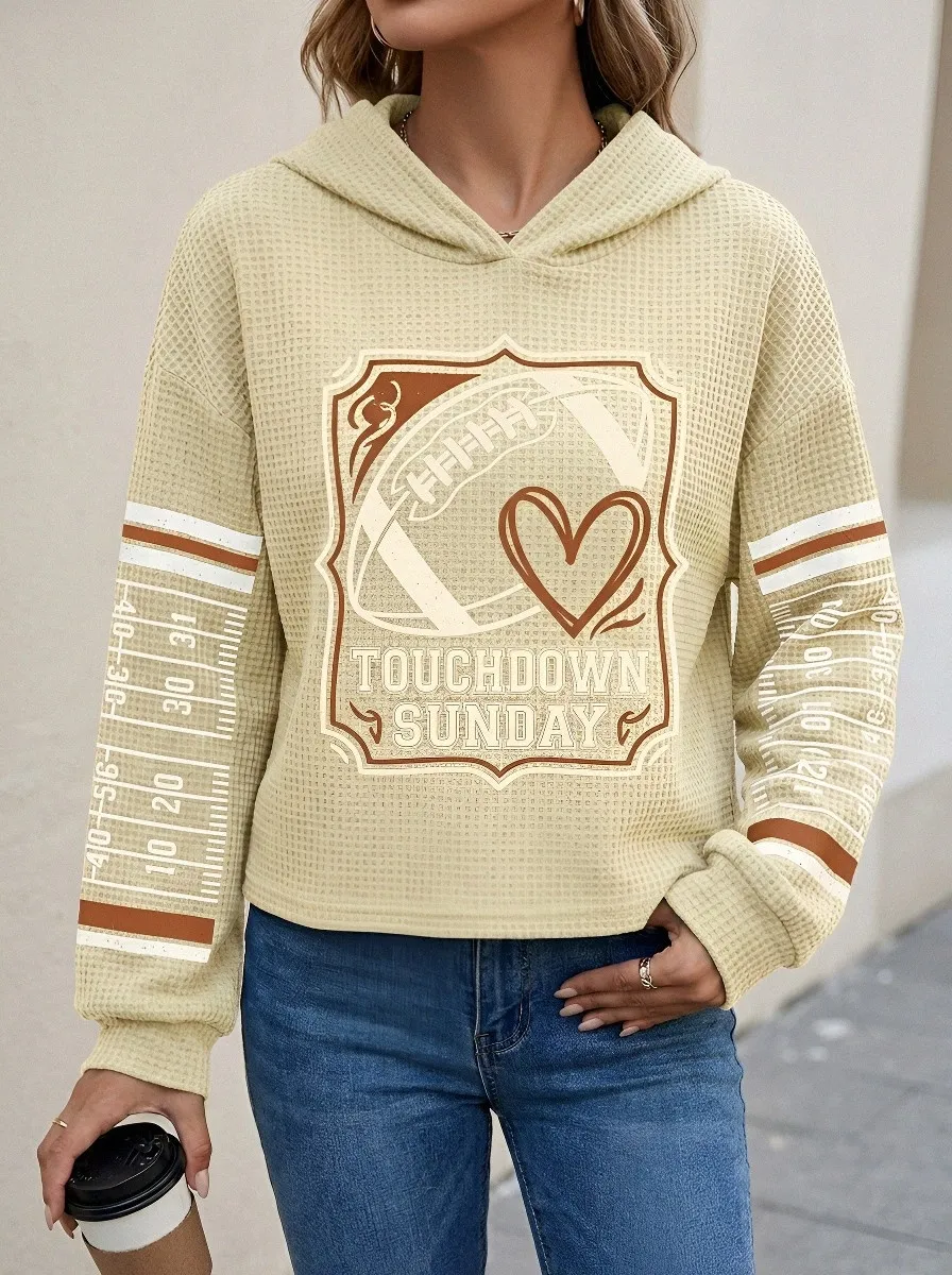 Women's Football Lover Touchdown Sunday Heart Printed Waffle Hoodie