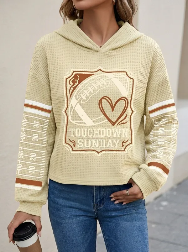 Women's Football Lover Touchdown Sunday Heart Printed Waffle Hoodie