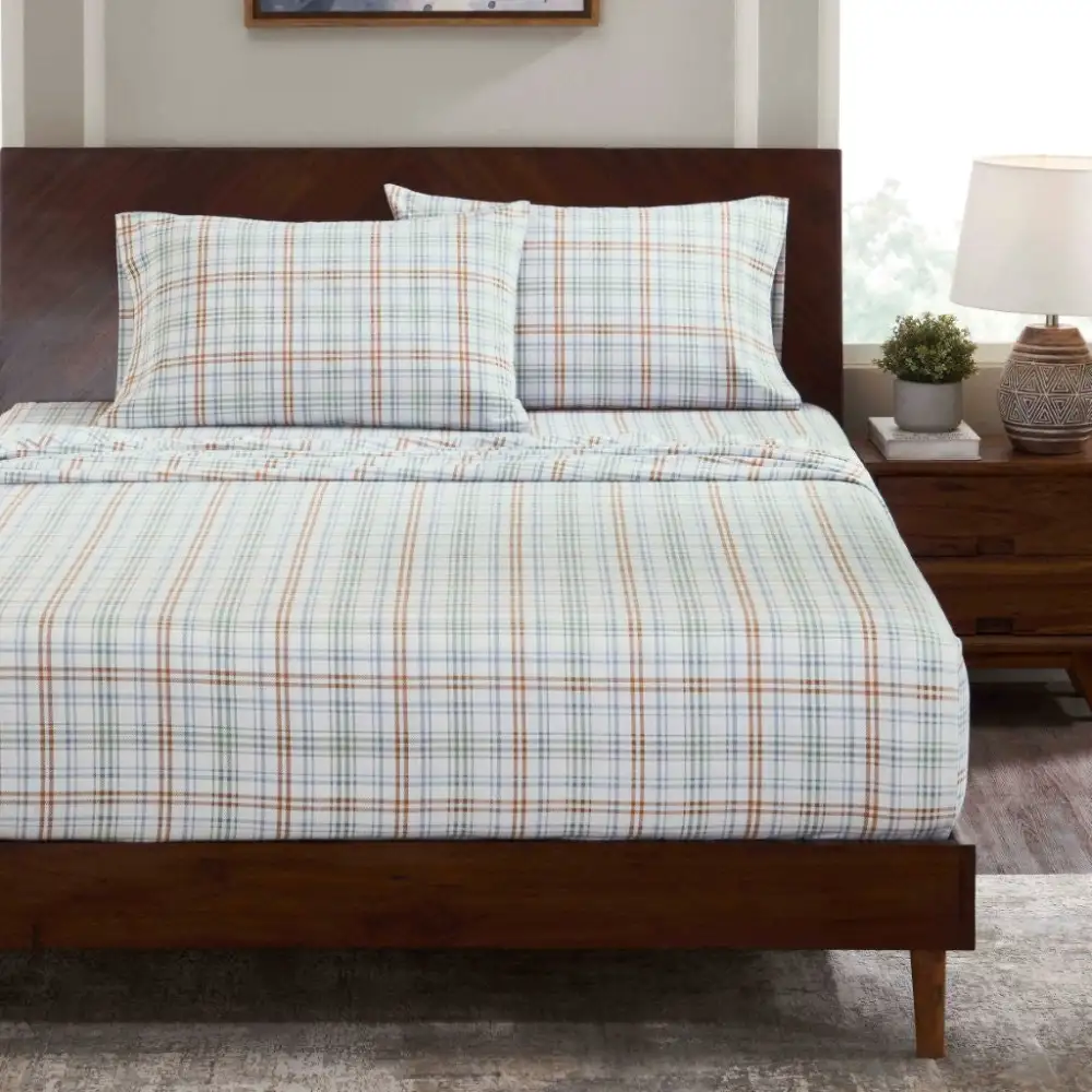 Cotton Flannel Plaid Farmhouse Sheet Bedding Set