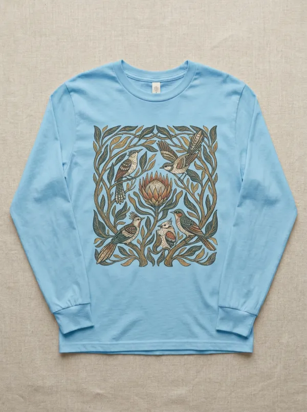 Unisex Nature Lover Protea Flower Birds Long Sleeve T-Shirt