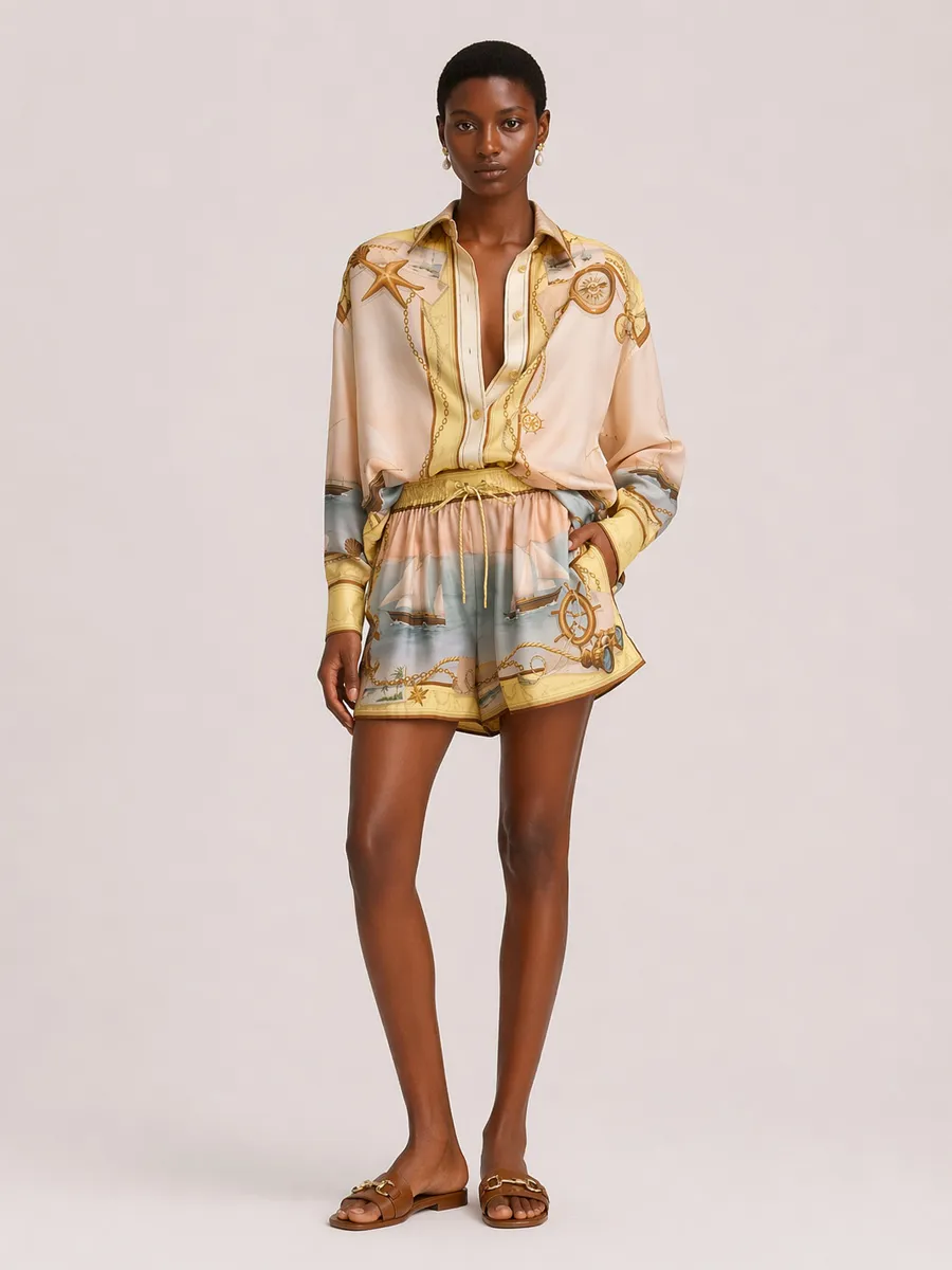 Rose Long-Sleeve Printed Shorts Set
