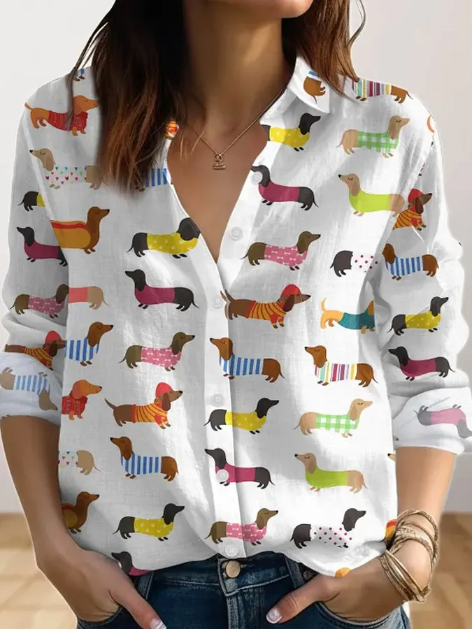 Women's Sausage Dog Print Long Sleeve Shirt