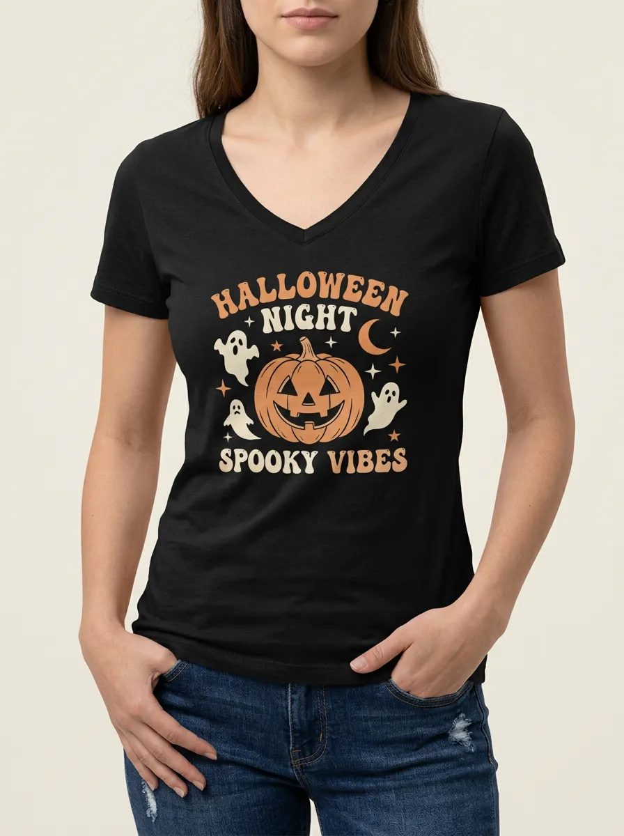 Women's Halloween Spooky Vibes Pumpkin Ghost Printed V-Neck T-Shirt