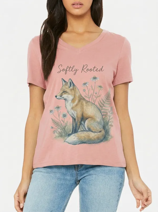 Women's Nature Lover Softly Rooted Fox Daisy Printed T-shirt
