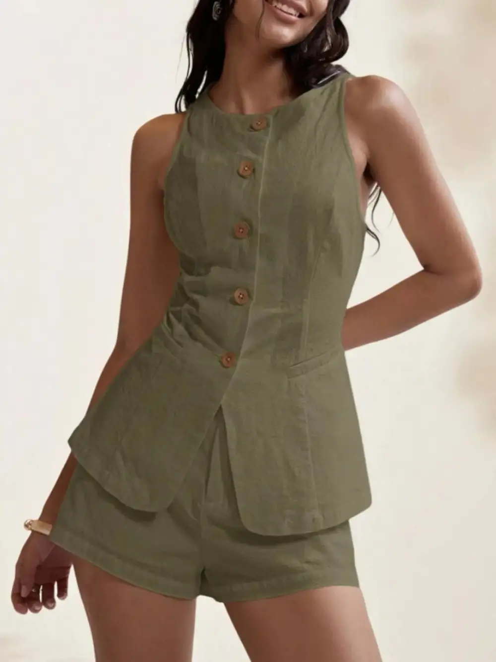 Button Down Sleeveless Top Shorts Set