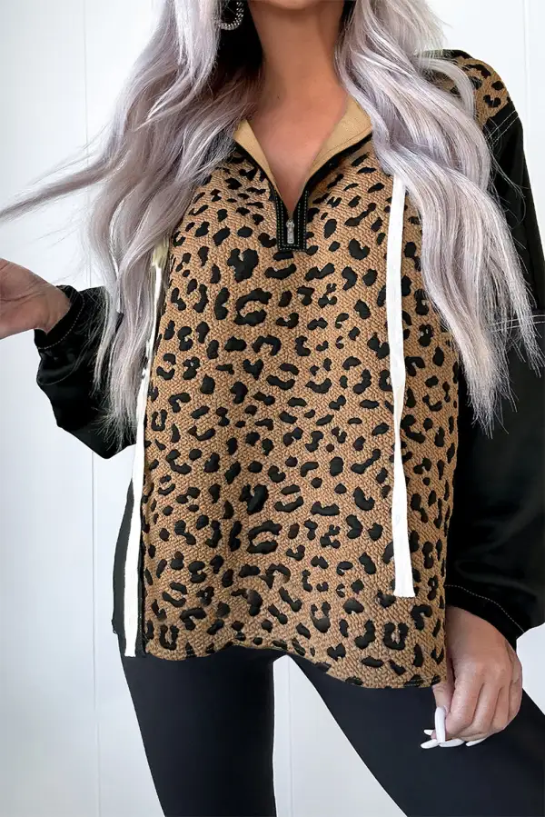 Quarter-Zip Leopard-Print Patchwork Contrast Hoodie