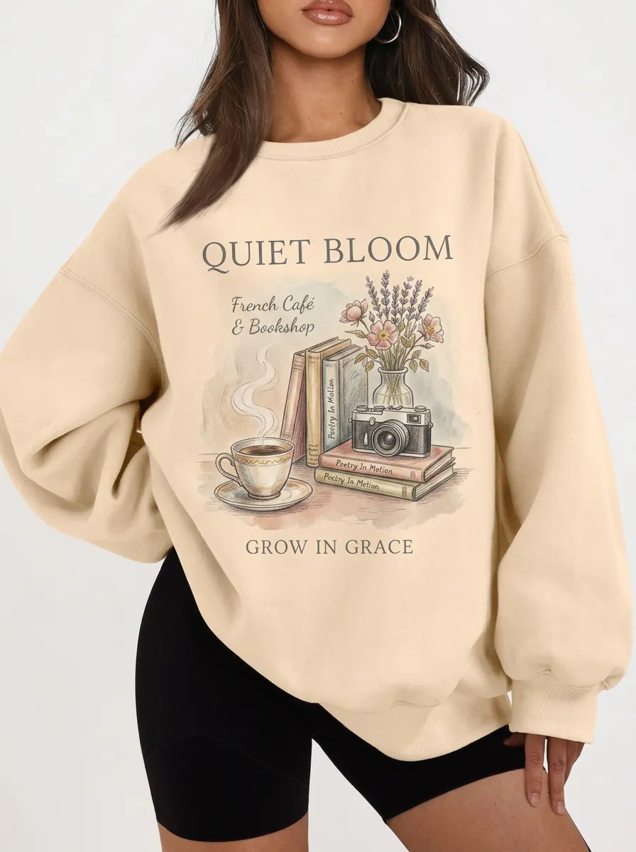 Women's Book Lover French Cafe Floral Camera Printed Sweatshirt