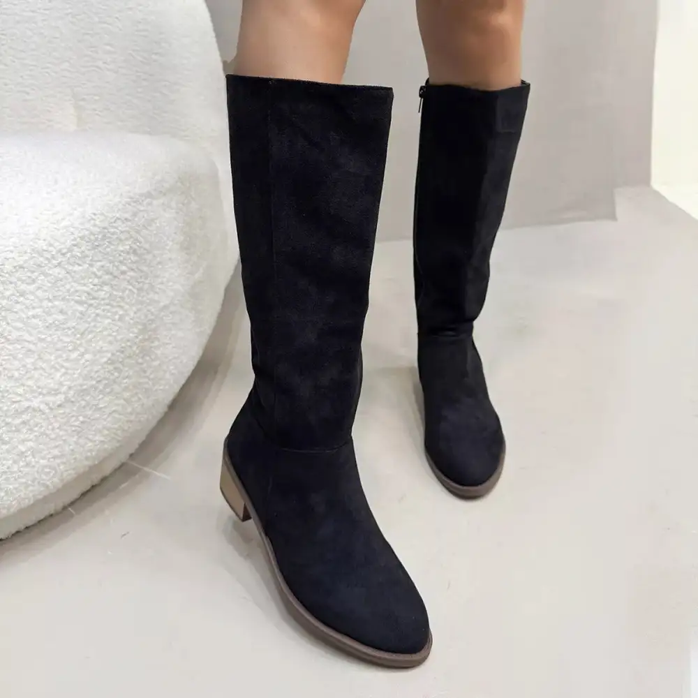 Pleated Round Toe Block Heels Boots