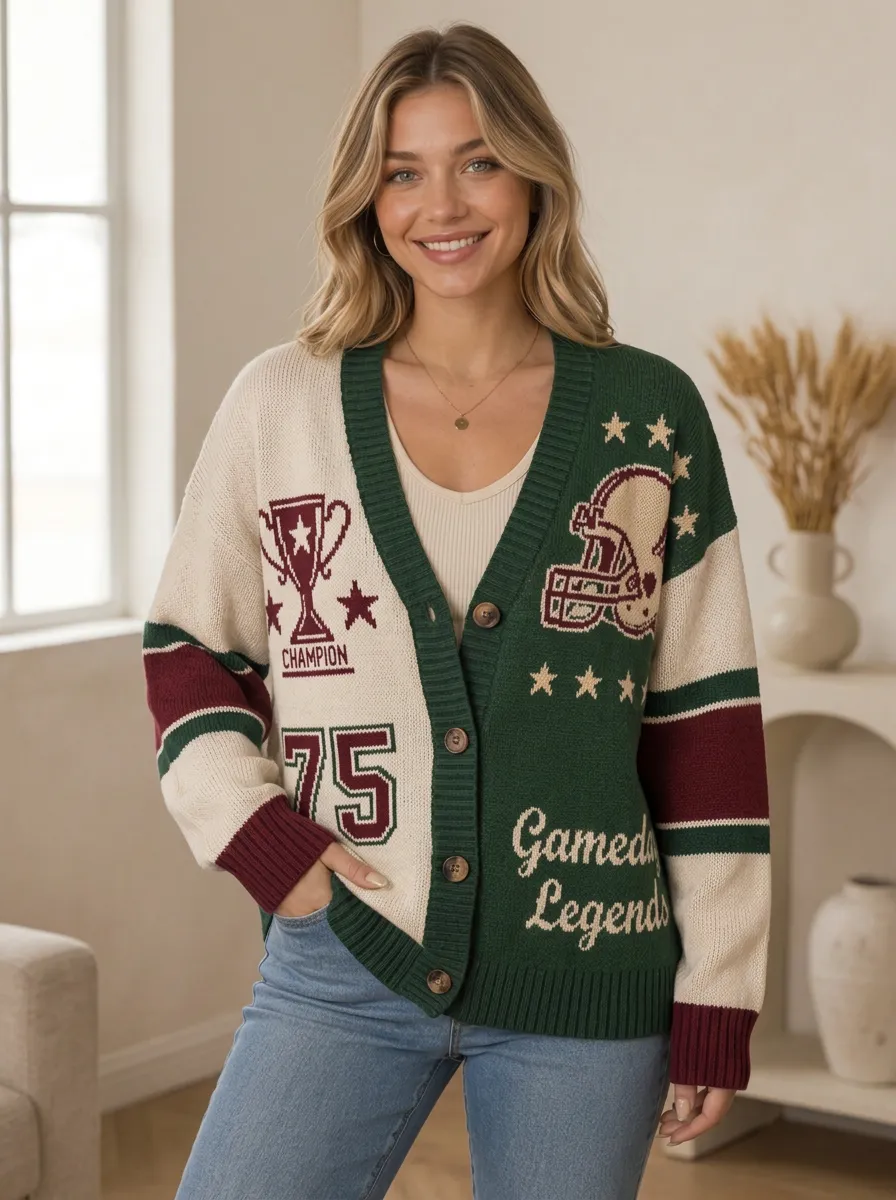 Women's Gridiron Helmet Ball Game Day Knit Cardigan