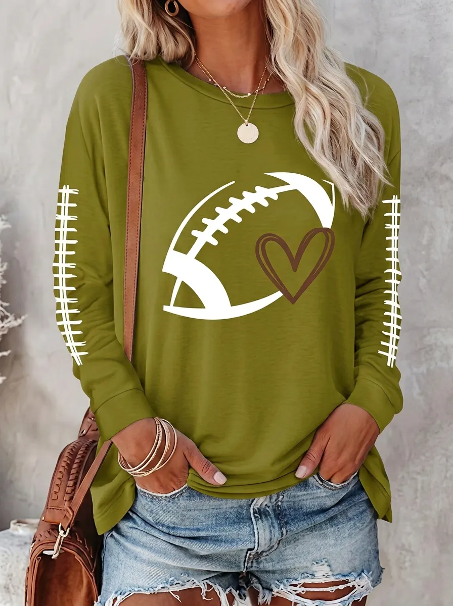 Women's Classic Gridiron Heart Ball Love Crewneck Long Sleeve T-Shirt