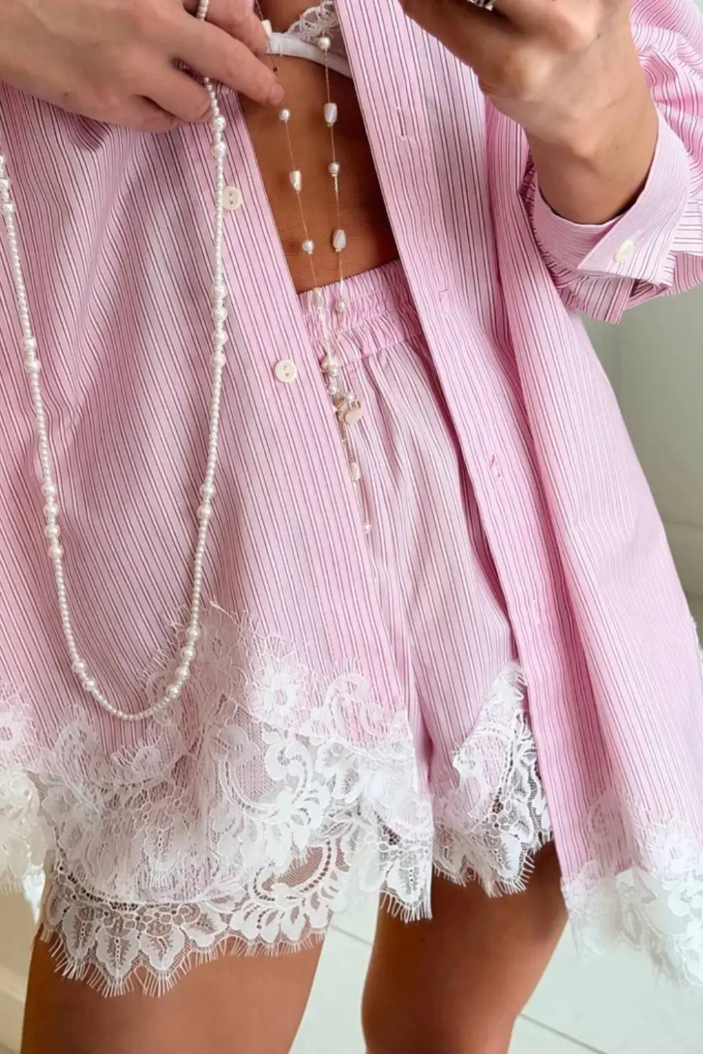 Emma Lapel Long-Sleeve Shirt & Lace-Paneled Shorts Set
