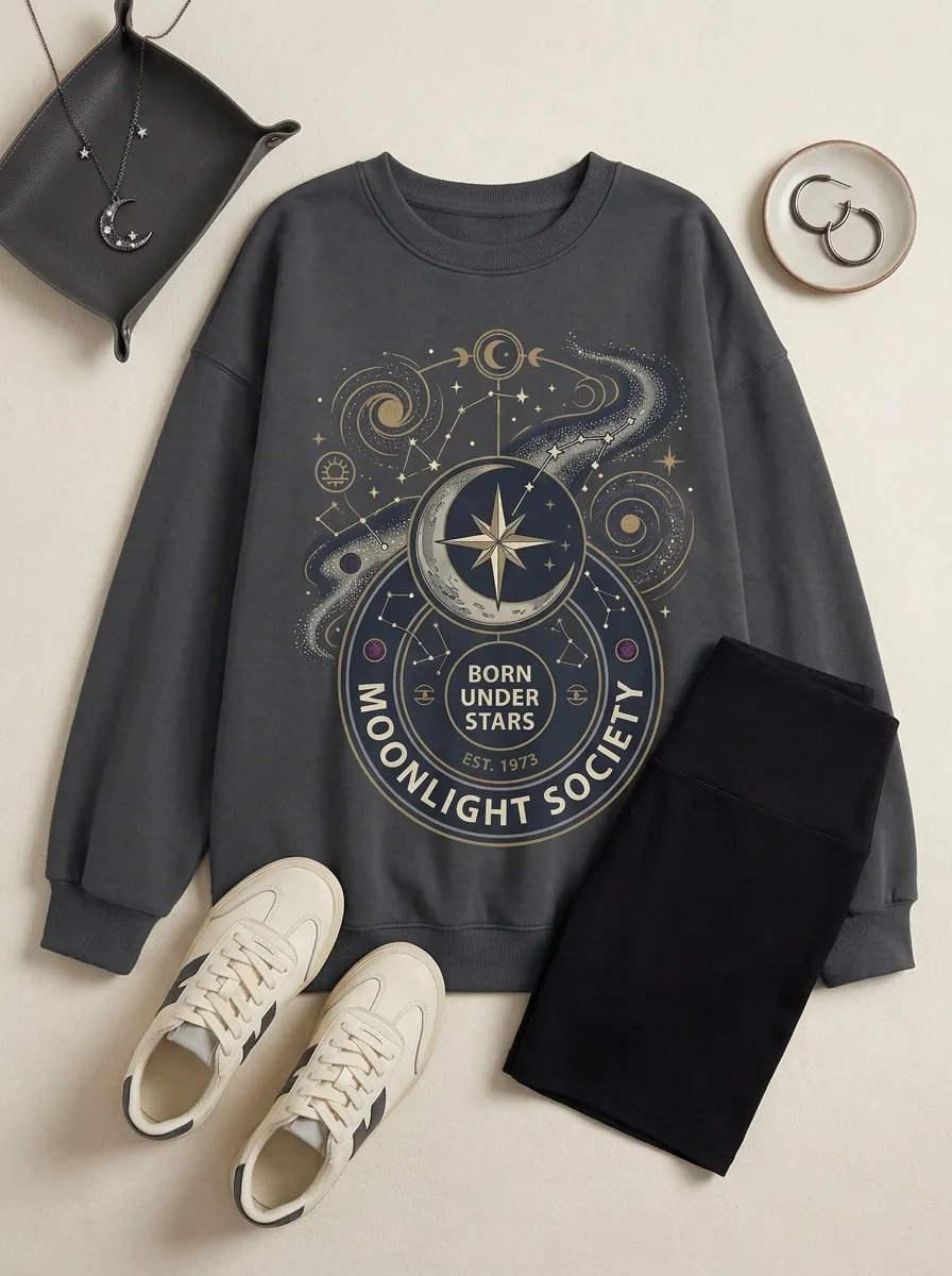 Women's Celestial Moonlight Society Born Under Stars Printed T-shirt
