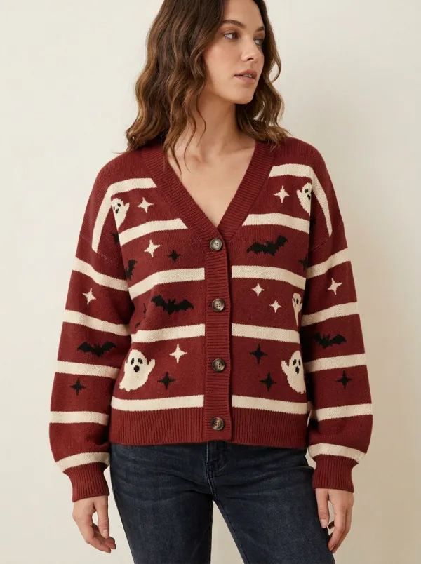 Women's Halloween Ghost Bat Pattern Knitted Cardigan