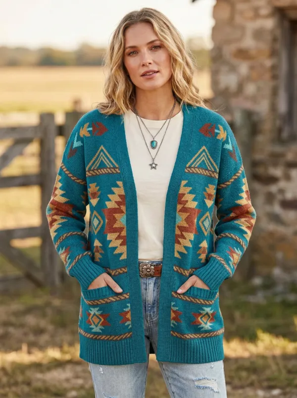 Women's Western Style Aztec Geometric Printed Cardigan Sweater