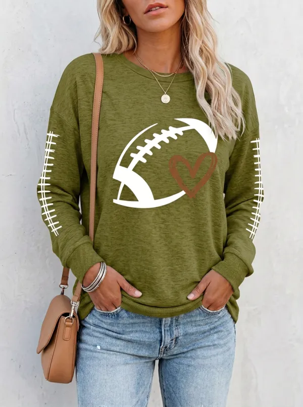 Women's Retro Inspired Gridiron Heart Ball Crewneck Long Sleeve T-Shirt