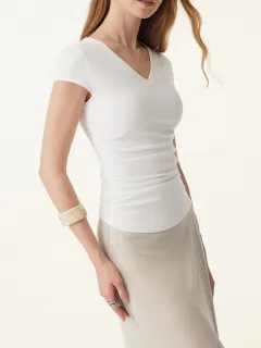 V-Neck Side Ruched Cap Sleeve Bra Tee