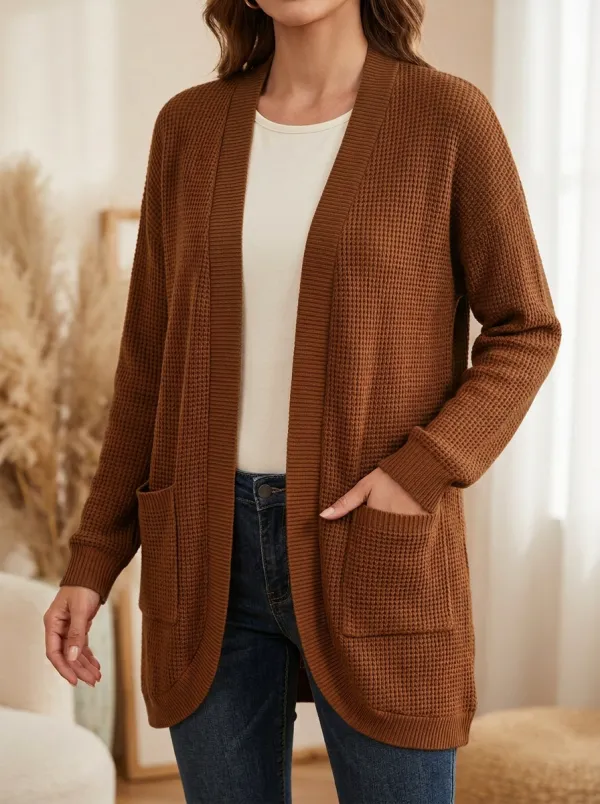Layered Waffle-Knit Open-Front Knit Cardigan