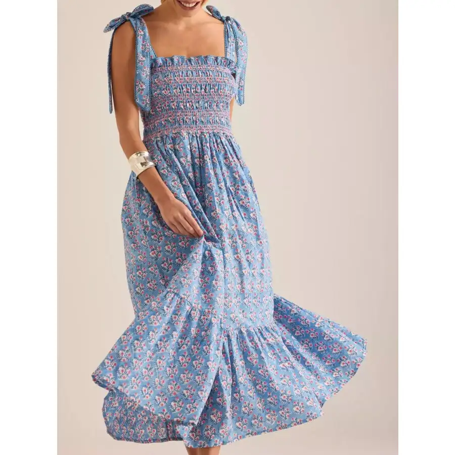 Smocked Tie-Shoulder Midi Dress