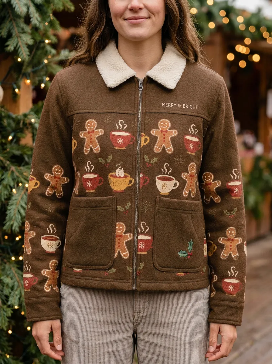Christmas Gingerbread Man Coffee Print Fleece Jacket