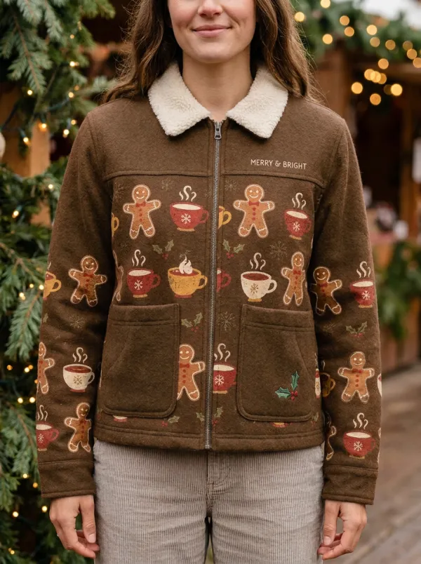 Christmas Gingerbread Man Coffee Print Fleece Jacket