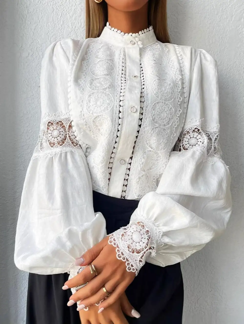 Lace Patch Lantern Sleeve Blouse