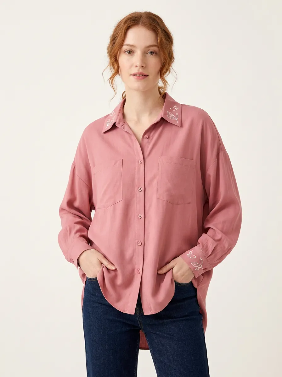 Women's Pink Bird Leaf Embroidery Printed Button-down Shirt