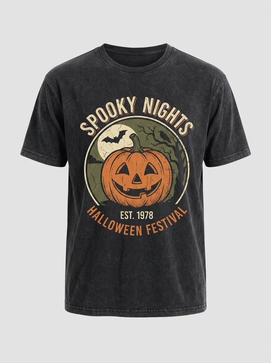 Men's Halloween Spooky Nights Pumpkin Bat Printed T-shirt