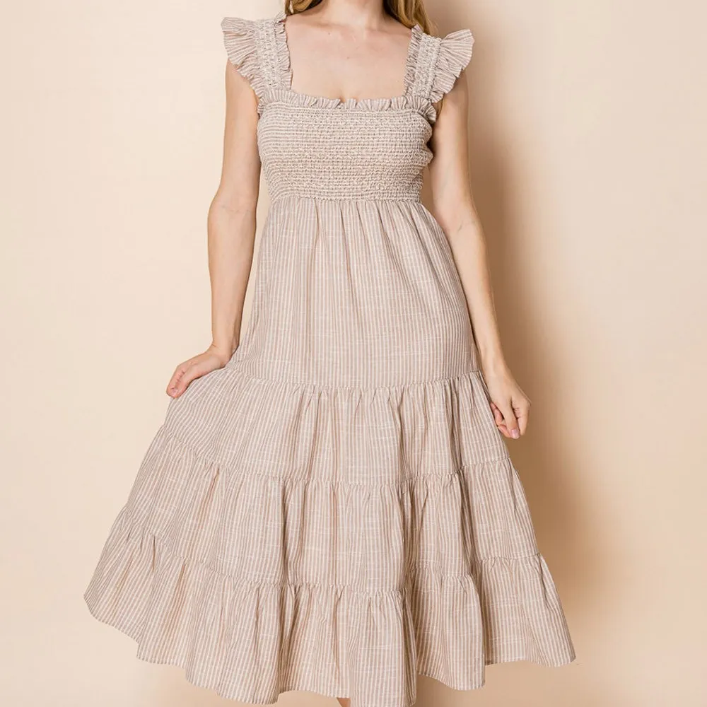 Striped Smocked Tiered Ruffle Detail Dress