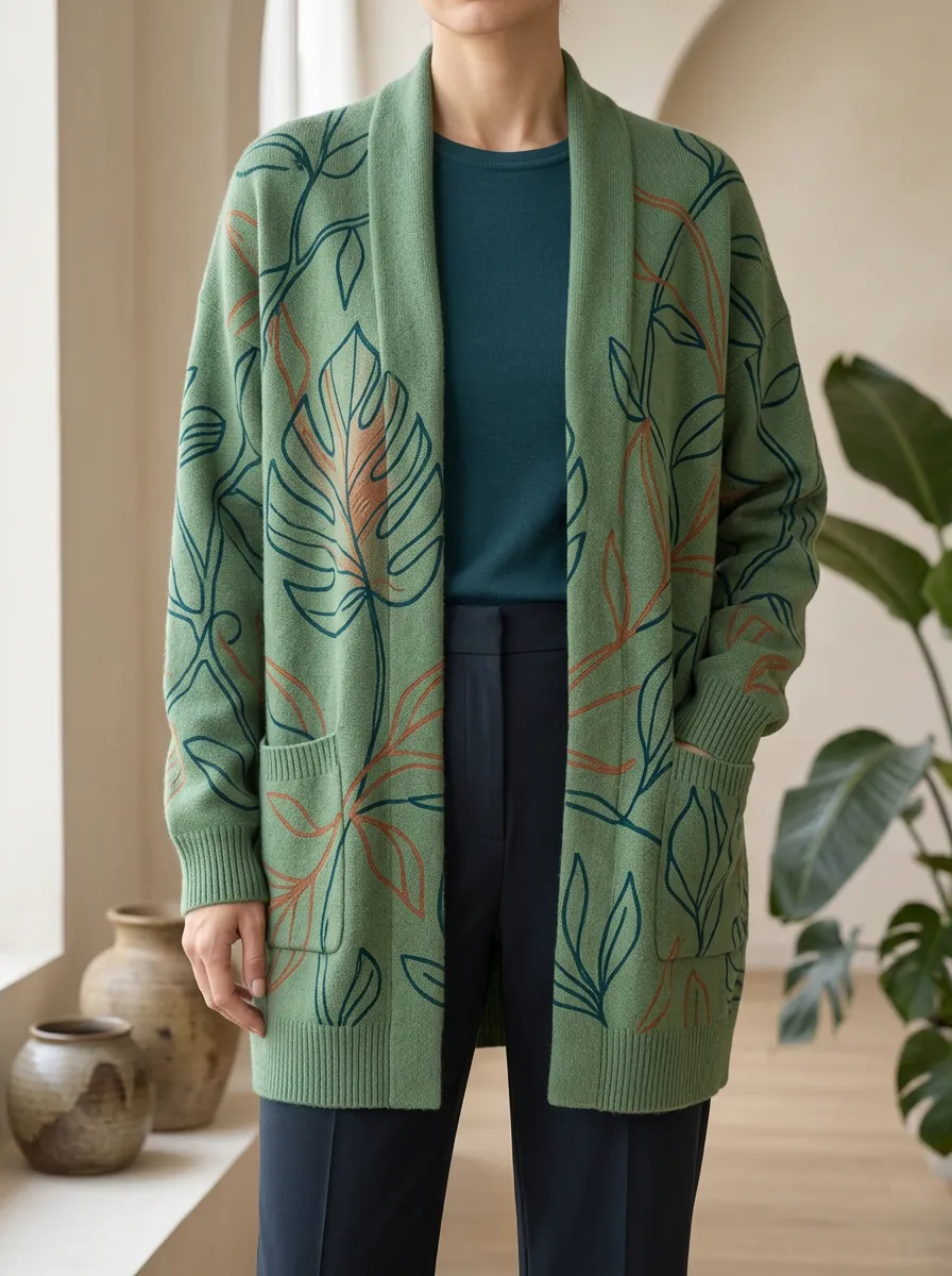 Women's Botanical Nature Lover Monstera Leaf Printed Cardigan