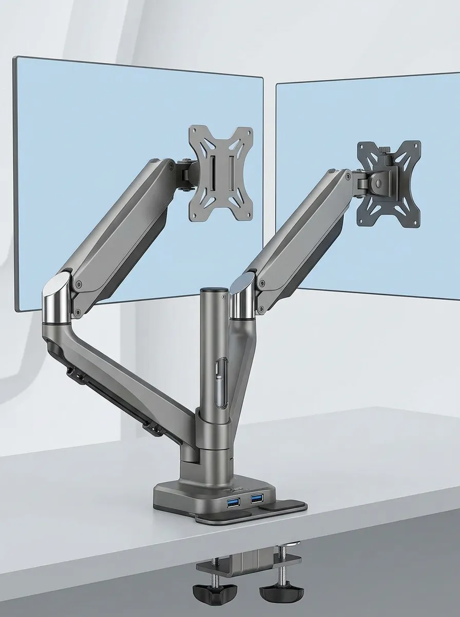 Office Worker Dual Monitor Setup Adjustable Aluminum Printed Computer Accessory
