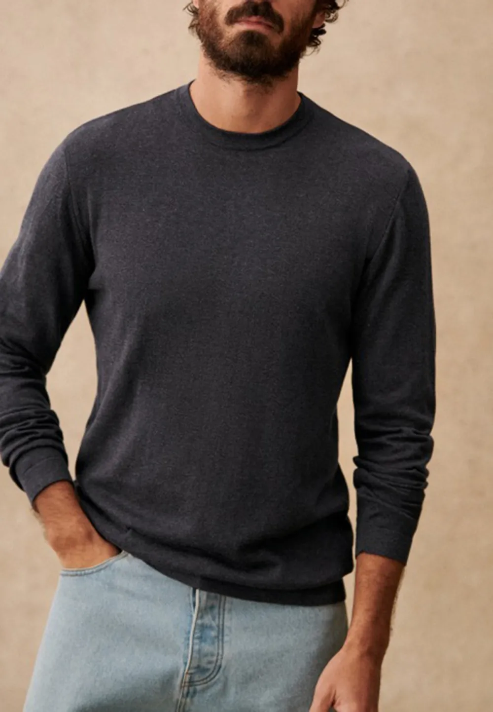 Mottled Blue Heathered Knit Crew Neck Sweater