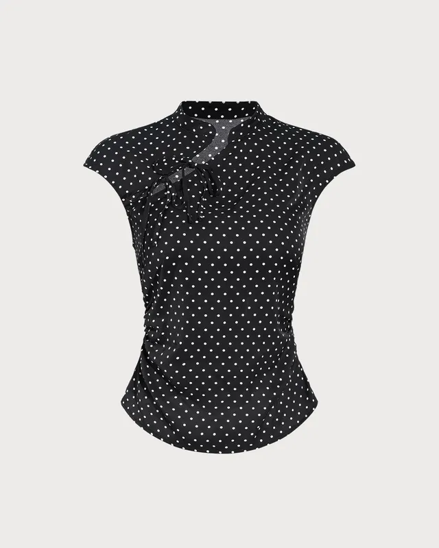 Black Polka Dot Mandarin Collar Tee