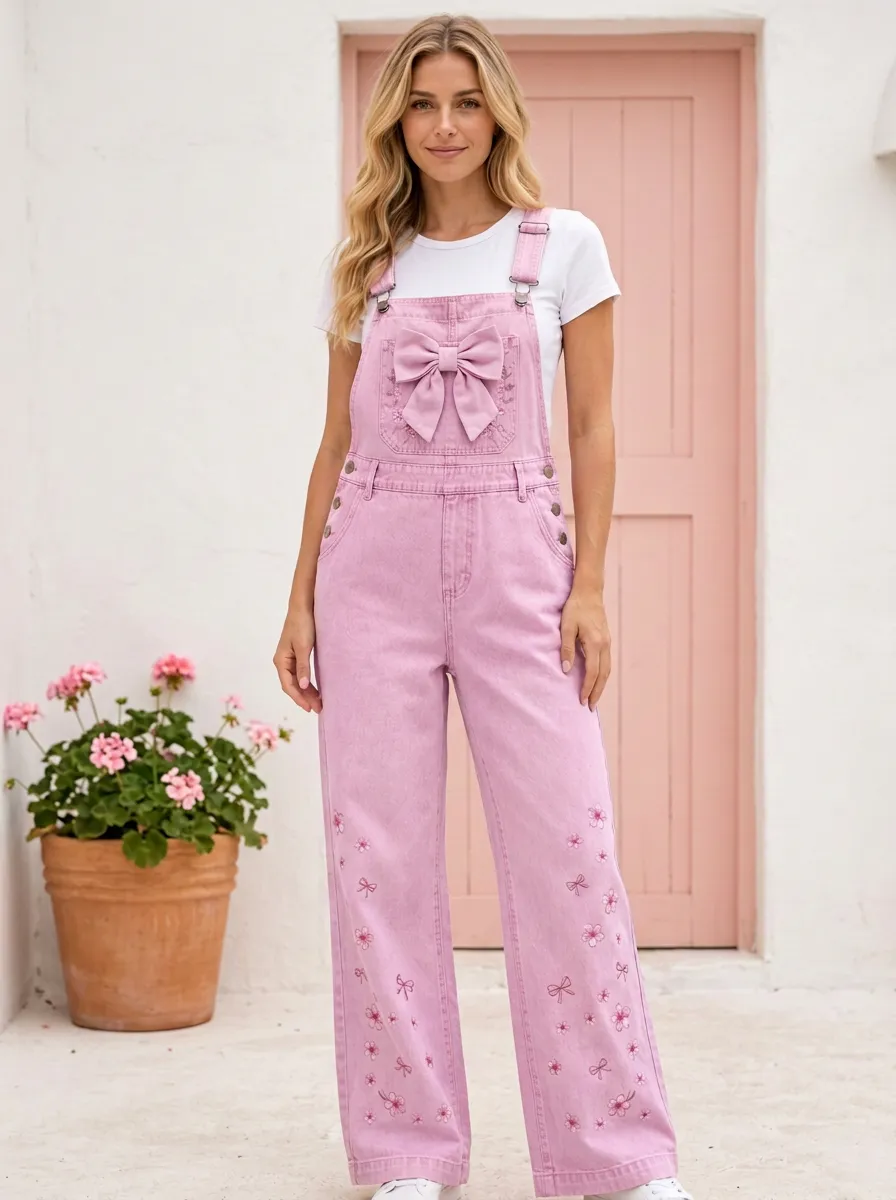 Women's Floral Embroidered Ribbon Bow Printed Denim Overalls
