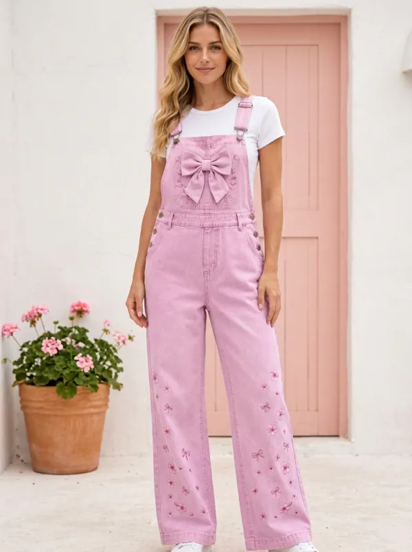 Women's Floral Embroidered Ribbon Bow Printed Denim Overalls