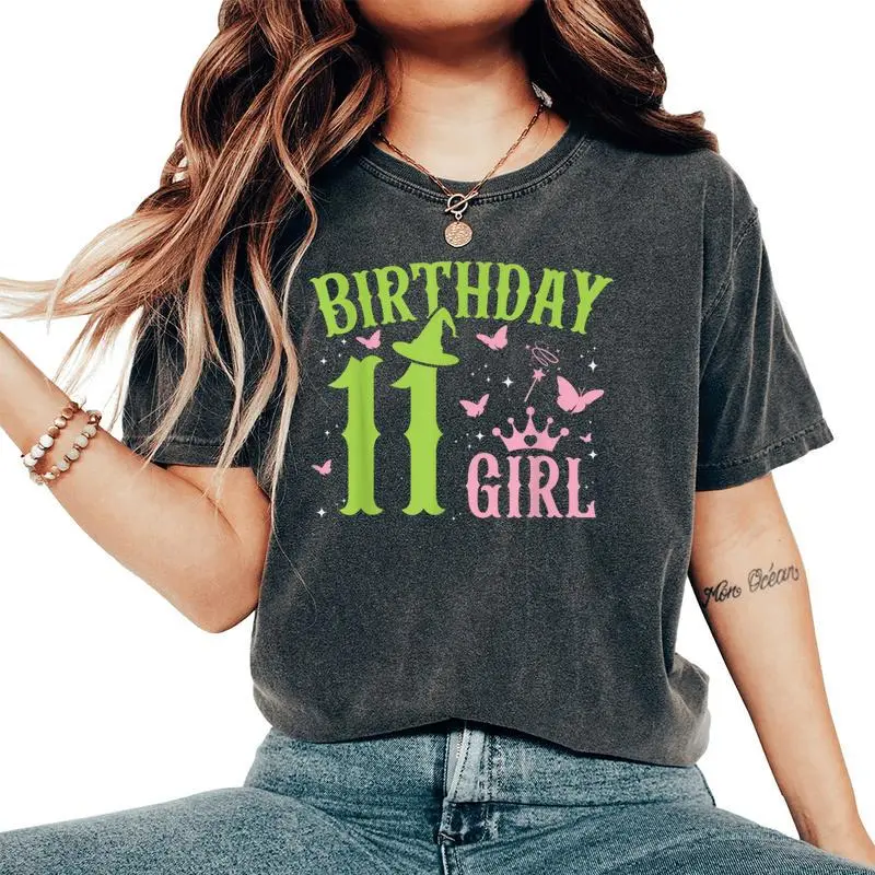 Green Pink Theme 11 Year Old Birthday Girl Witch Party Bday Women's Oversized Comfort T-Shirt