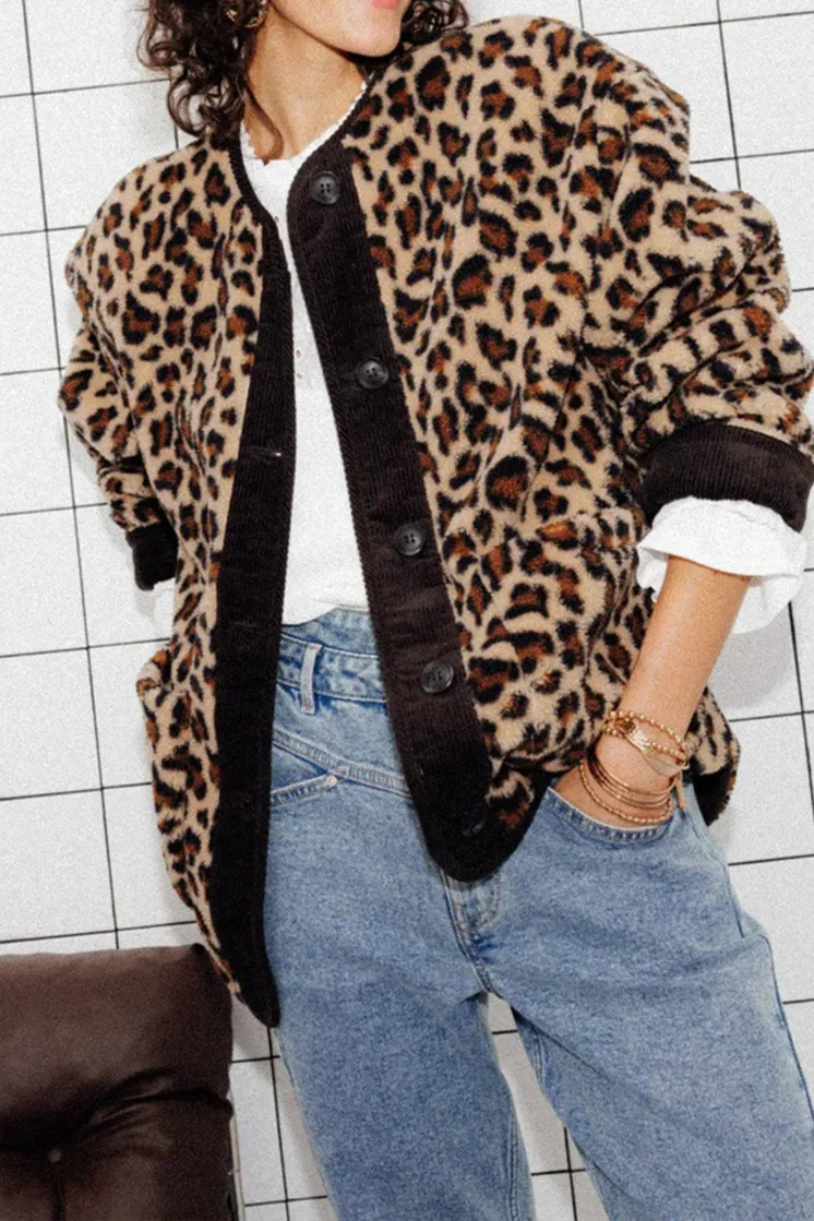 Single-Breasted Leopard-Print Relaxed Jacket