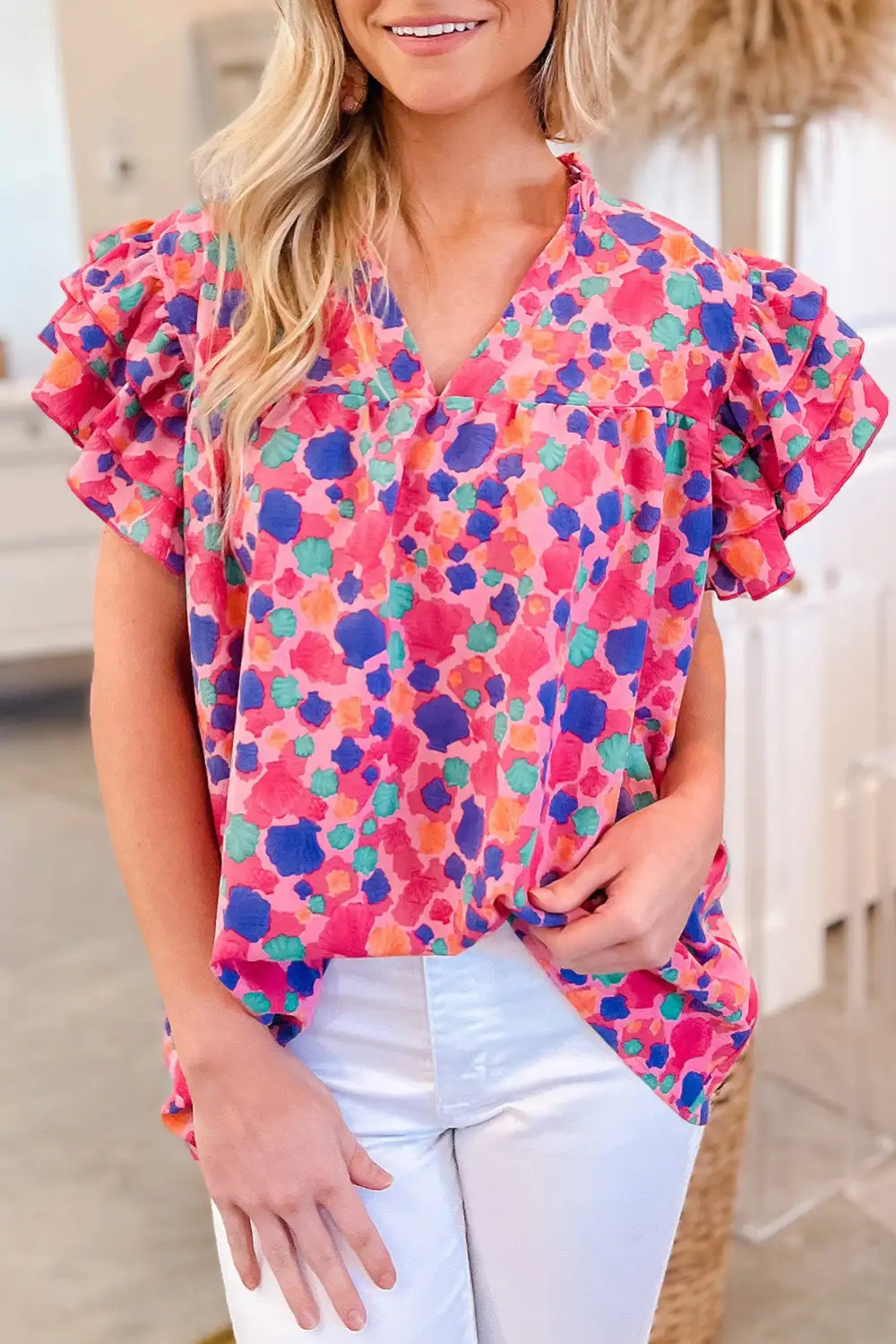 Everyday Abstract Print Ruffled V-Neck Blouse
